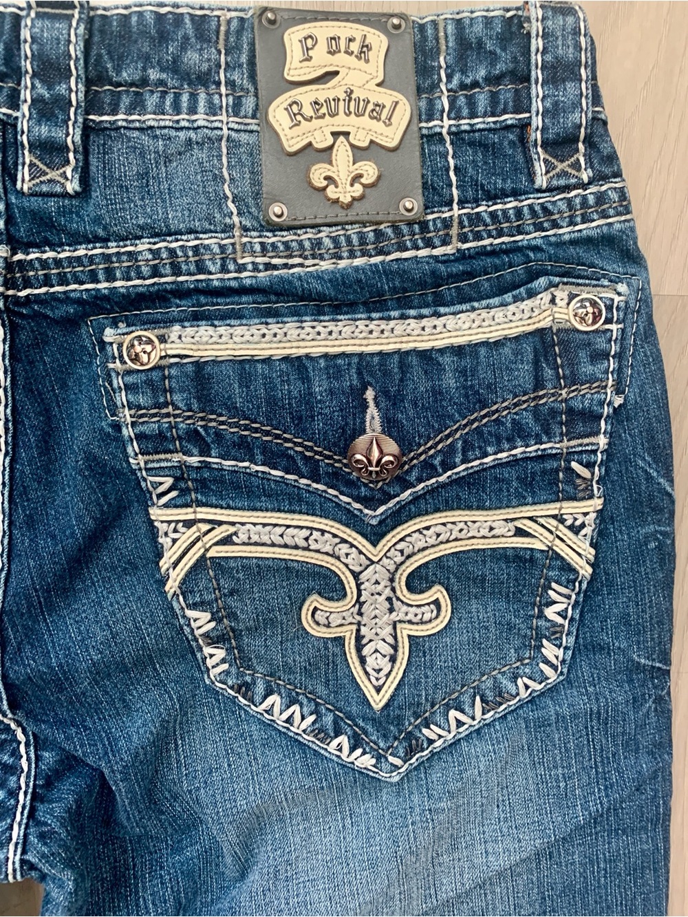 Rock Revival Potts Bootcut Dark Blue Denim Jeans with Cream Embroidery